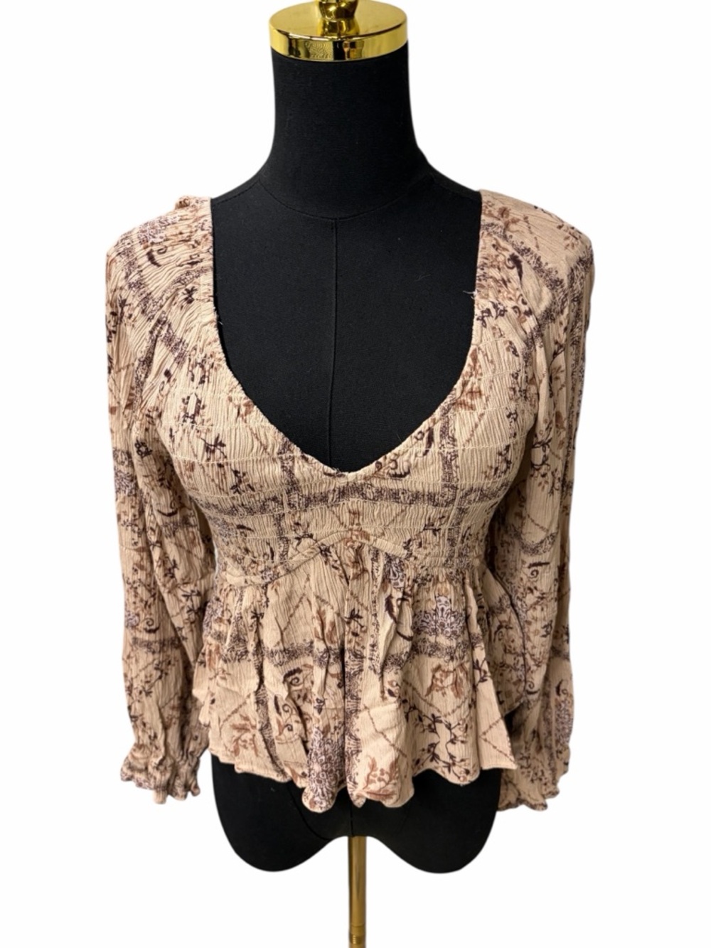 blue b Floral Smocked Peplum Long Sleeve Blouse Size L